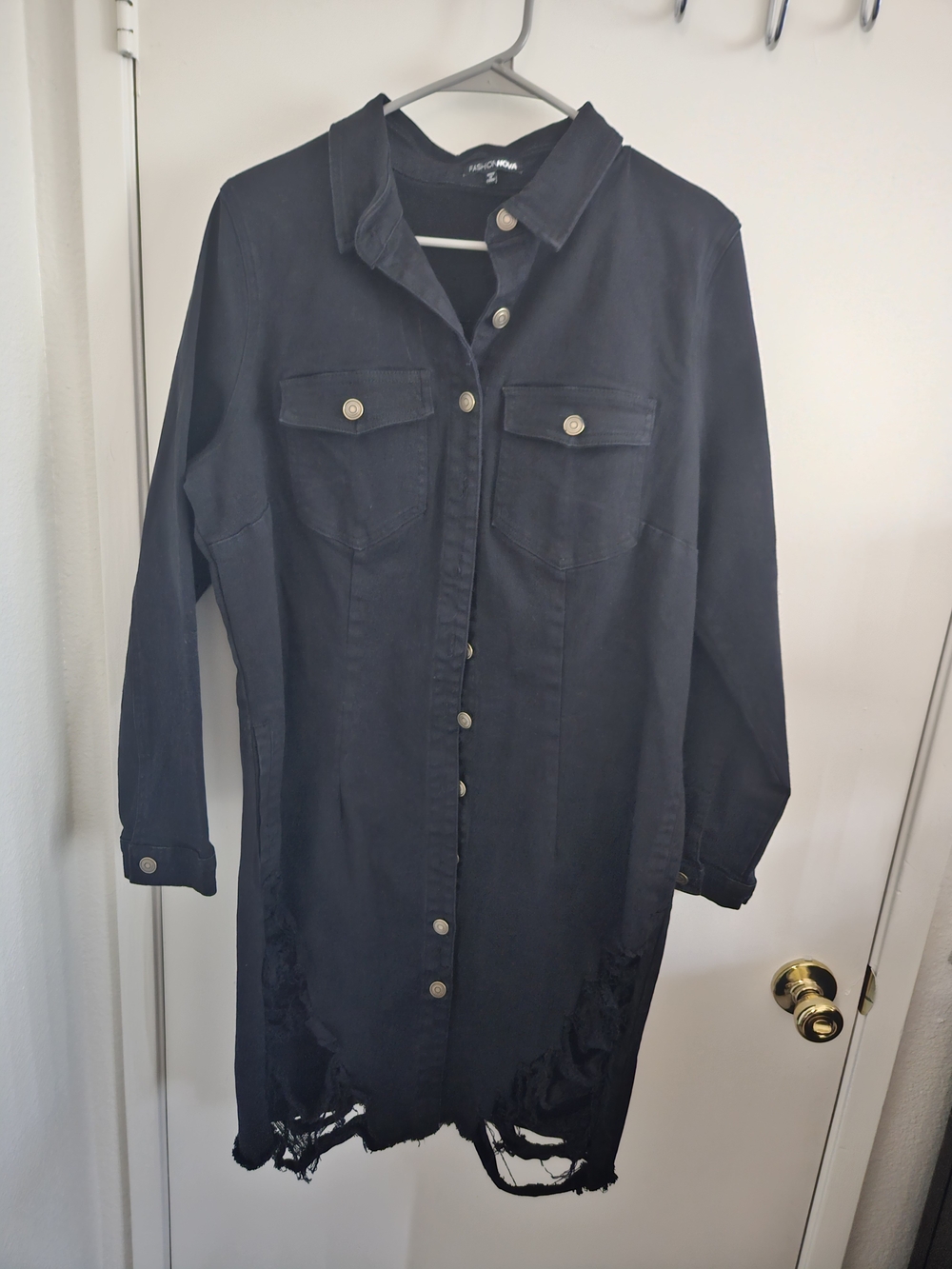 Fashion Nova Black Distressed Denim Midi Shirt Dress